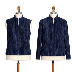 Bibi Stein Handwoven Jacket & Vest Set Navy Textured Full Zip Artisan Designer